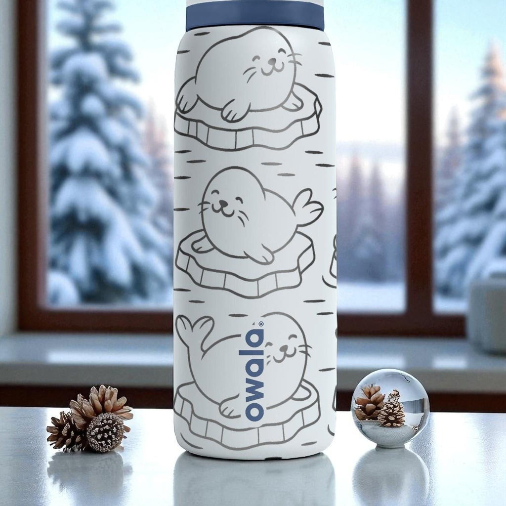 Cute Seal Owala Tumbler – 16oz 24oz 32oz 40oz Engraved Water Bottle with Icy Arctic Seals on Icebergs – Winter Animal Gift