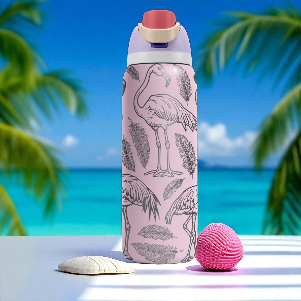 Flamingo Engraved Owala Tumbler – 16oz 24oz 32oz 40oz Tropical FreeSip Cup with Feathers – Summer Gift for Her