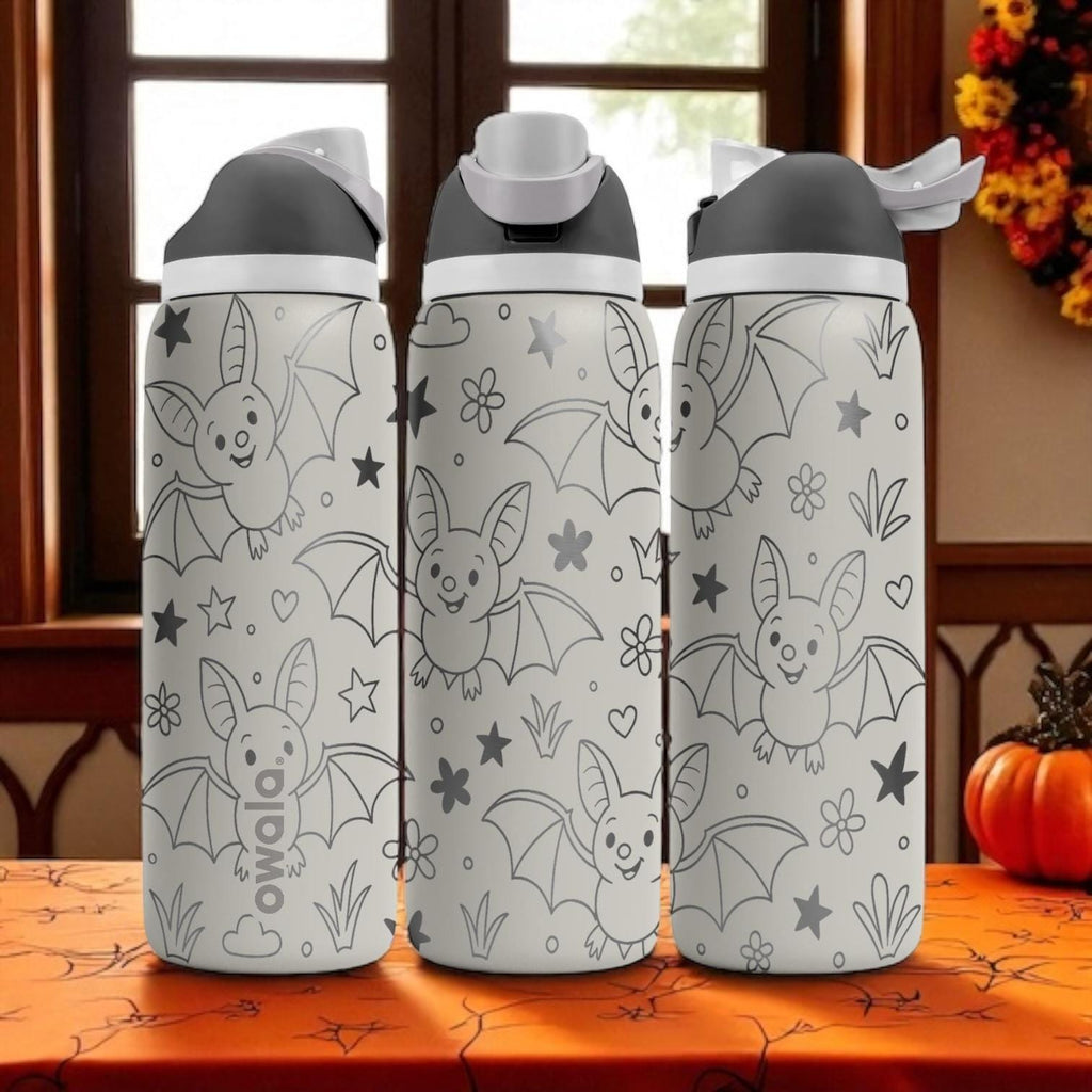 Engraved Bat Water Bottle – Cute Halloween Owala Tumbler with Stars and Flowers – 16oz 24oz 32oz 40oz Spooky Season Gift