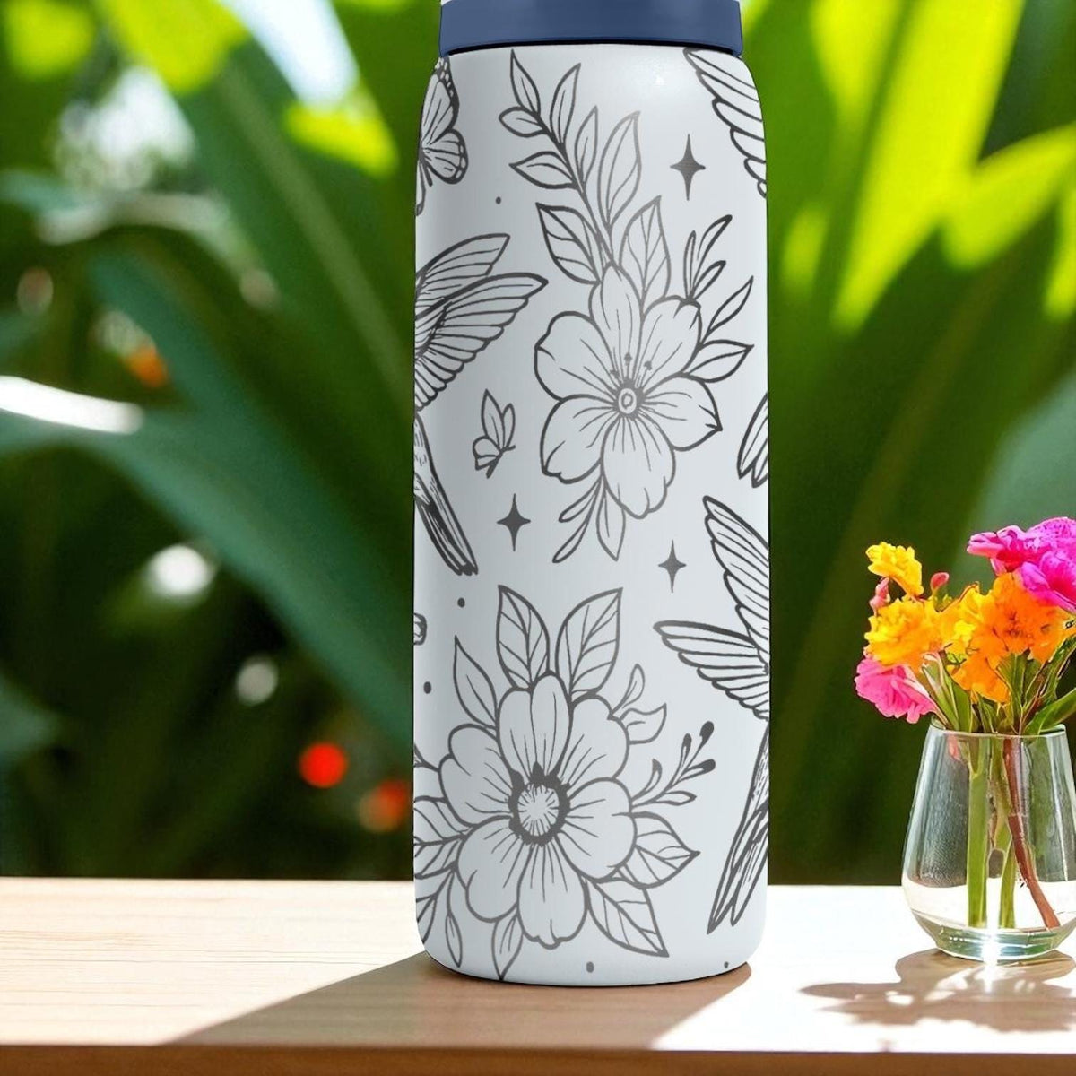 Engraved Hummingbird Owala Tumbler – Floral Water Bottle with Birds and Flowers – 16oz 24oz 32oz 40oz