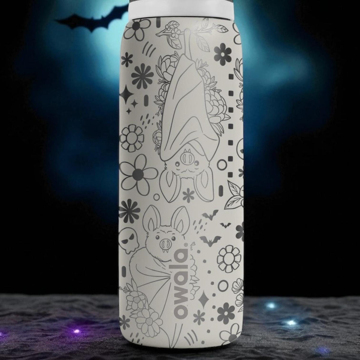 Engraved Bat Owala Bottle – Cute Moon and Floral Bat Design Tumbler – 16oz 24oz 32oz 40oz Water Bottle Gift