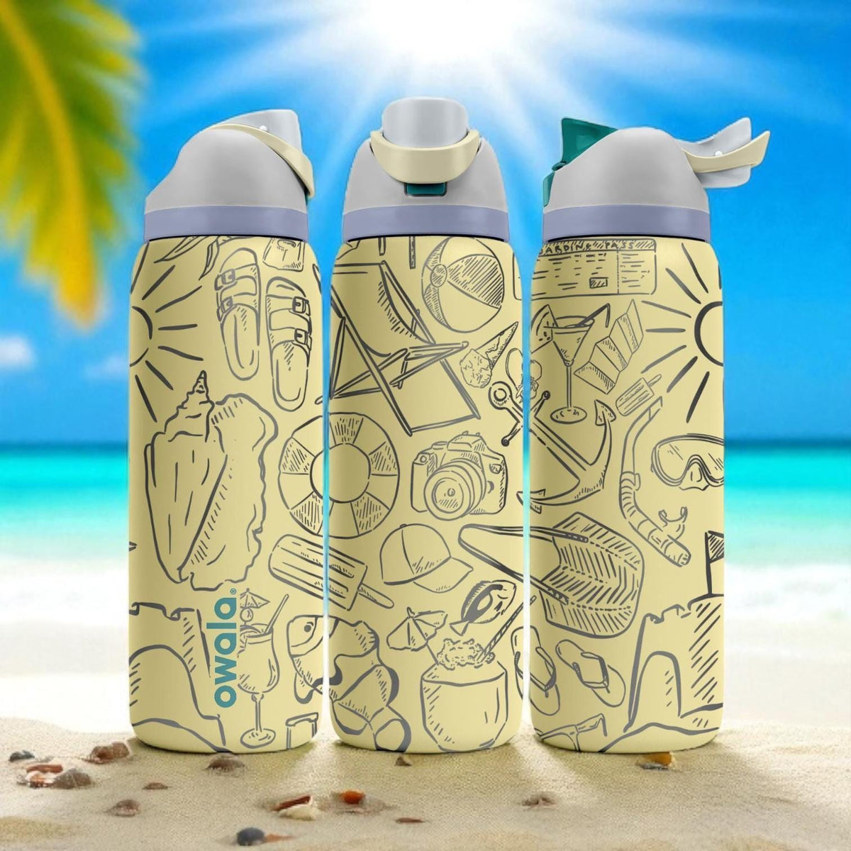 Beach Day Owala Bottle – 16oz 24oz 32oz 40oz Engraved Summer Icons Water Bottle – Sandals Shells Coconut Gift – Tropical Vacation Cup