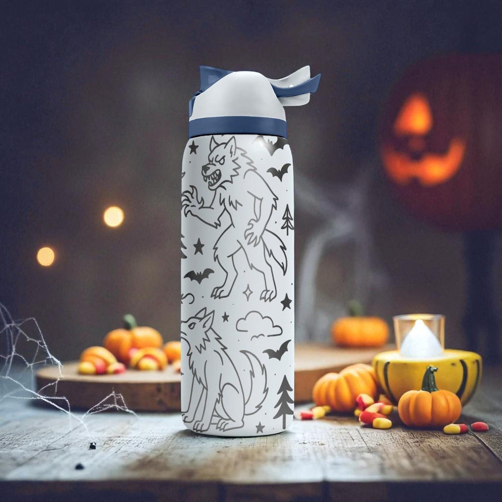 Werewolf Engraved Owala Bottle – Full Moon Forest Design – Halloween Edition Stainless Steel Cup 16oz 24oz 32oz 40oz