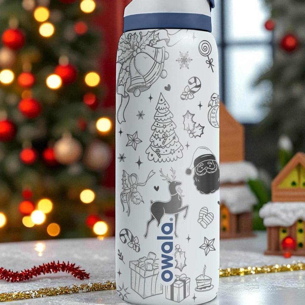 Christmas Owala Engraved Tumbler – Holiday Laser Gift – Santa, Tree, Gifts, Snowman Design – 40oz 32oz 24oz Bottle