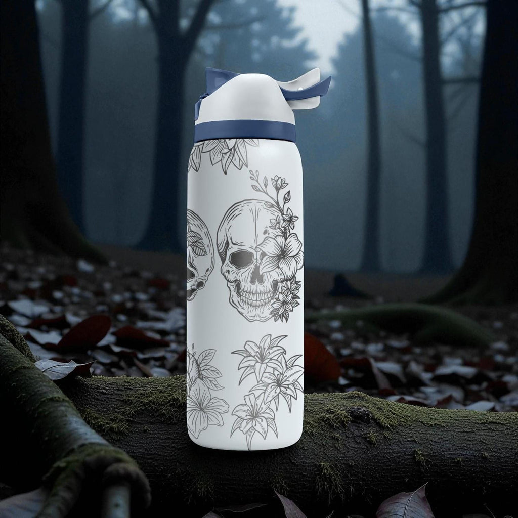 Floral Skull Engraved Owala Bottle – Gothic Rose & Skull Art – Dark Aesthetic Stainless Cup 16oz 24oz 32oz 40oz  ⸻
