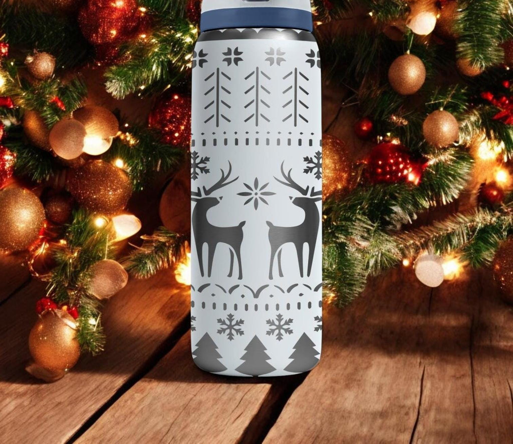 Nordic Reindeer Engraved Owala Bottle – Cozy Scandinavian Sweater Pattern – Christmas Gift Stainless Cup 16oz 24oz 32oz 40oz