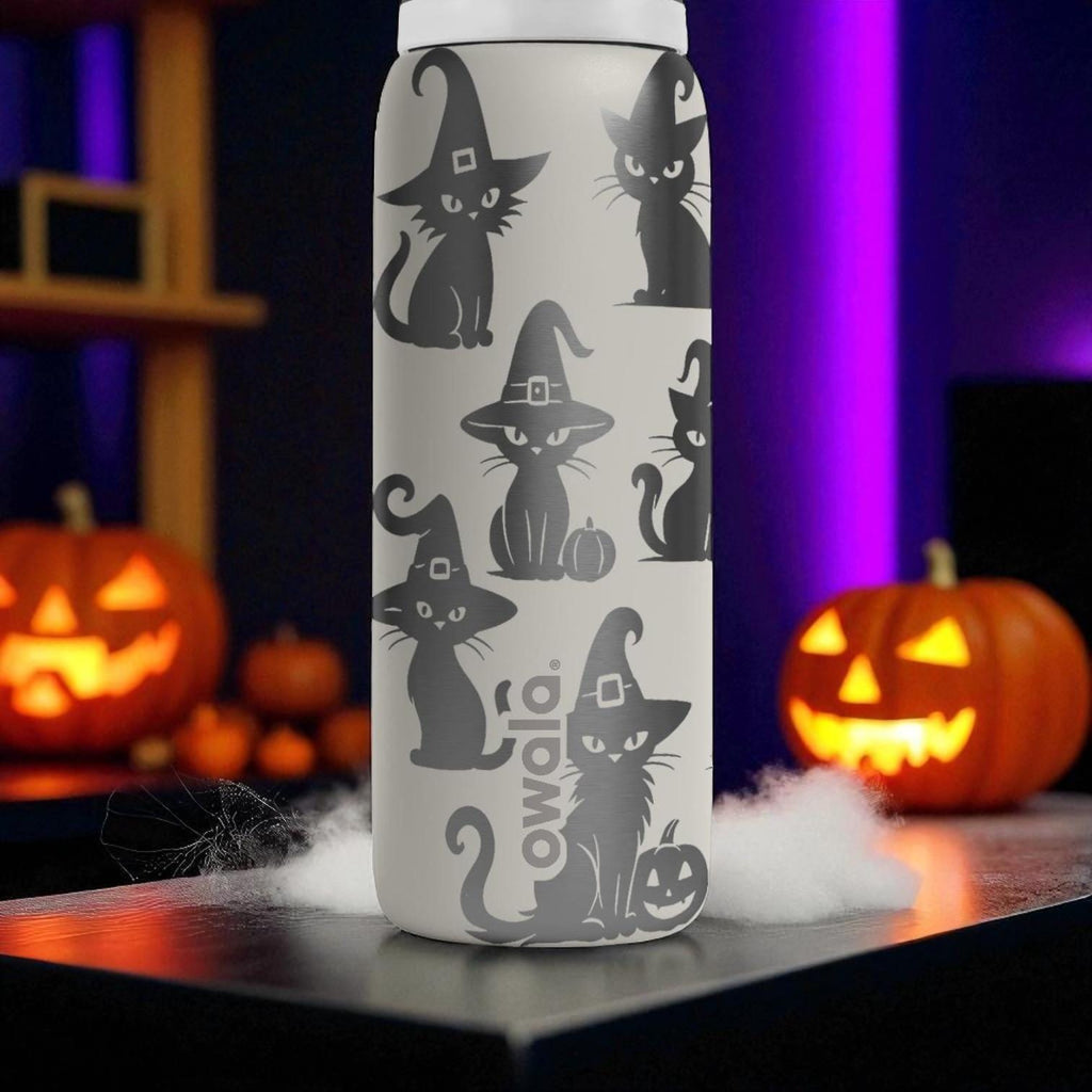 Halloween Cat Owala Bottle – Laser Engraved Black Witch Cat Water Bottle – Spooky Custom Gift for Kids and Cat Lovers 16oz 24oz 32oz 40oz