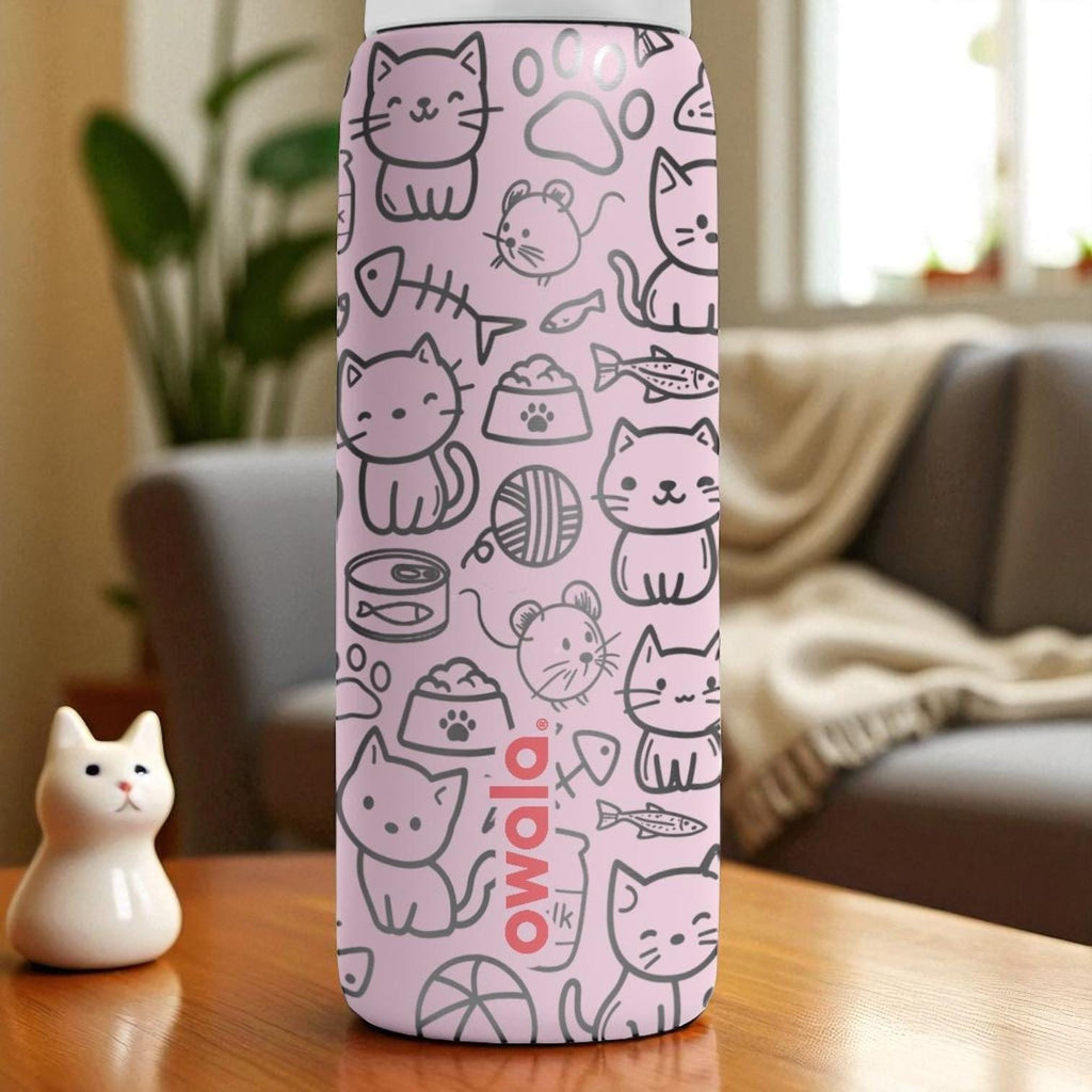 Engraved Cat Tumbler – Cute Pink Owala Bottle with Kawaii Kitty Design – Laser Engraved Cup for Cat Lovers – 16oz 24oz 32oz 40oz