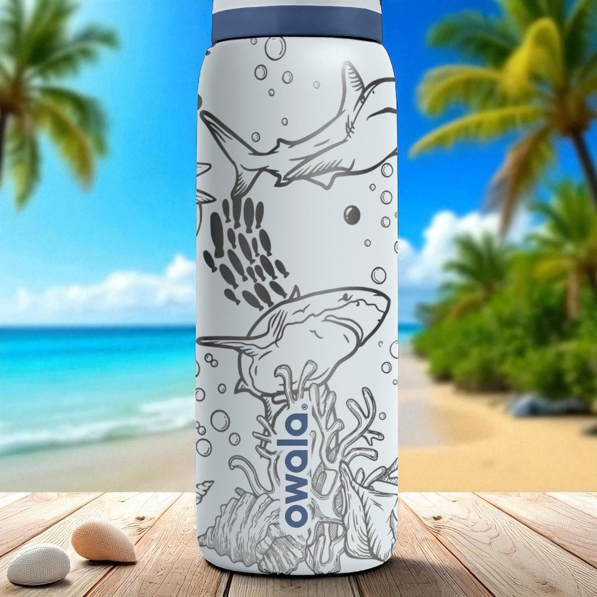 Shark Engraved Owala Tumbler – 16oz 24oz 32oz 40oz Sea Life FreeSip Cup with Coral Reef Design – Gift for Marine Lovers