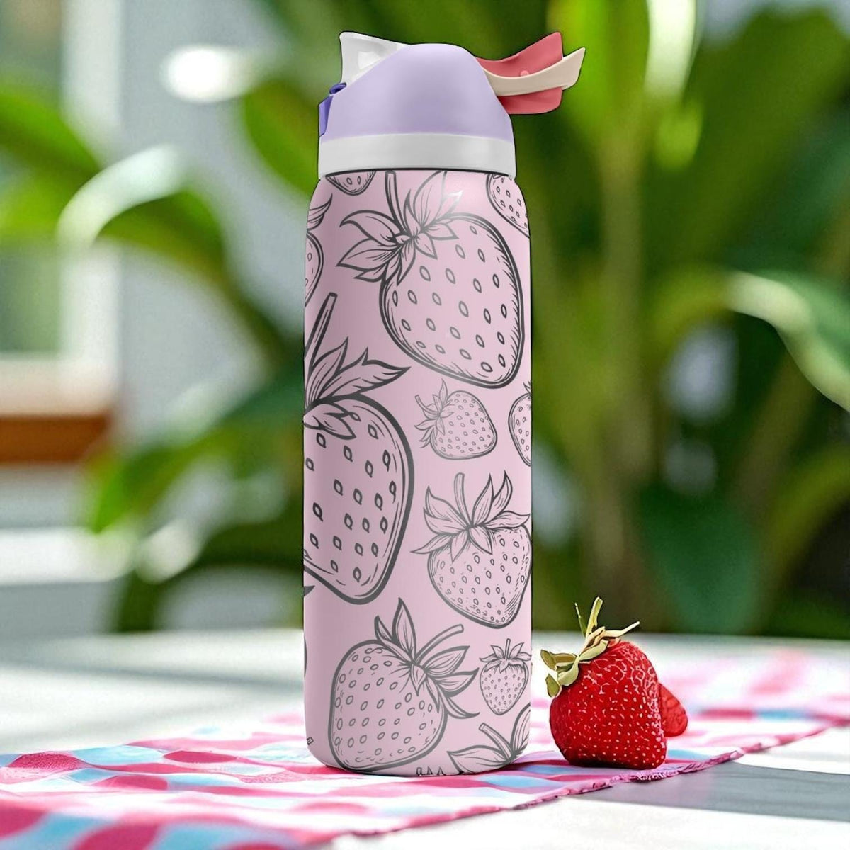Big Strawberry Engraved Owala Tumbler – 16oz 24oz 32oz 40oz Cute Pink Fruit FreeSip Cup – Gift for Her or Teen
