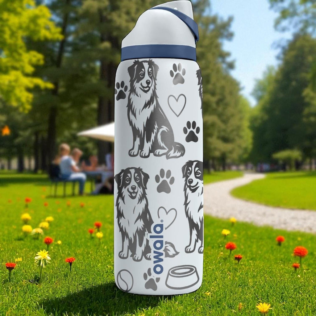 Engraved Australian Shepherd Bottle – Cute Owala Tumbler with Dog, Paws, and Toys – 16oz 24oz 32oz 40oz Gift for Dog Lovers