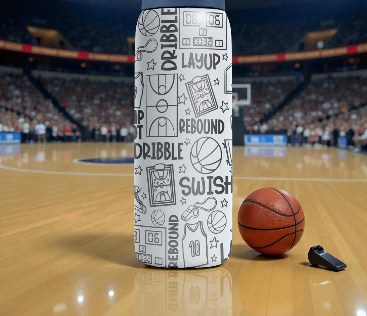 Basketball Engraved Owala Bottle – Dribble & Dunk Court Pattern – Sports Gift Stainless Cup 16oz 24oz 32oz 40oz  ⸻