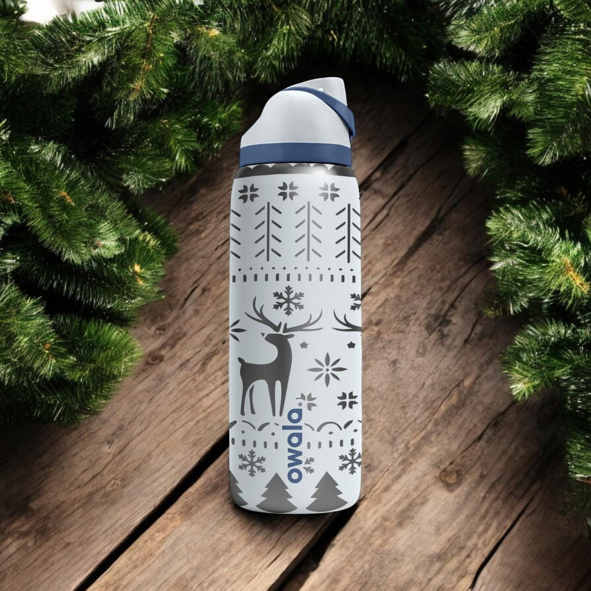 Nordic Reindeer Engraved Owala Bottle – Cozy Scandinavian Sweater Pattern – Christmas Gift Stainless Cup 16oz 24oz 32oz 40oz
