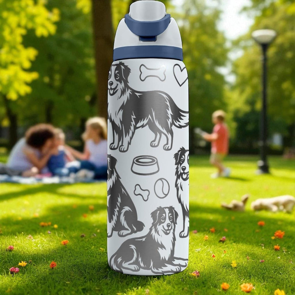 Engraved Australian Shepherd Bottle – Cute Owala Tumbler with Dog, Paws, and Toys – 16oz 24oz 32oz 40oz Gift for Dog Lovers