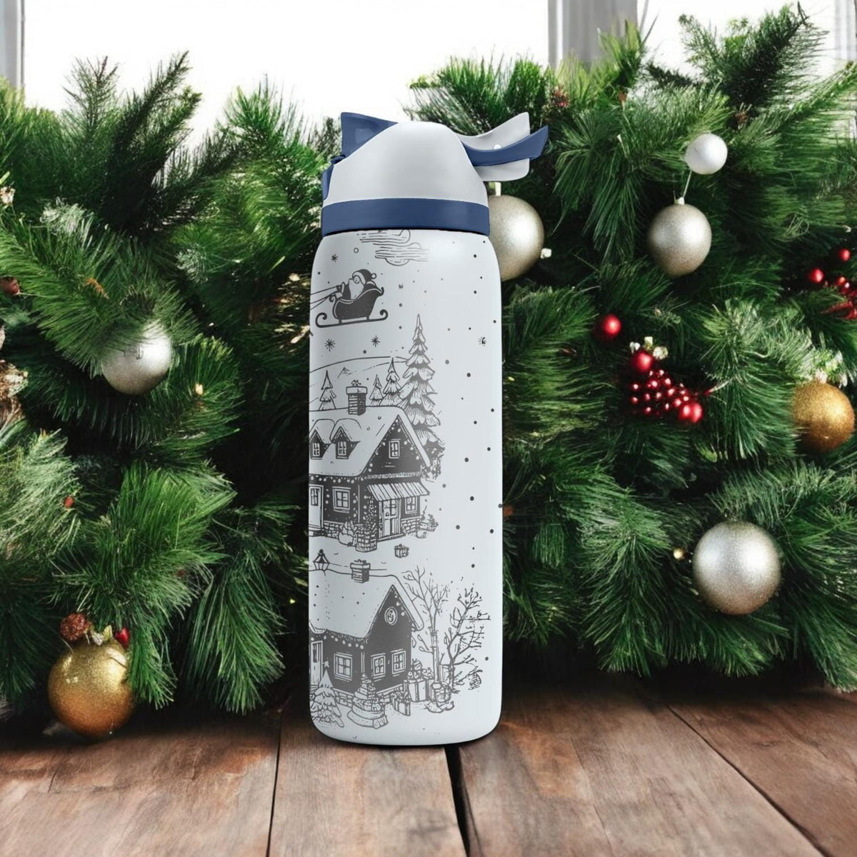 Christmas Village Engraved Owala Bottle – Santa Sleigh and Cabin Winter Design – Holiday Gift Stainless Cup 16oz 24oz 32oz 40oz