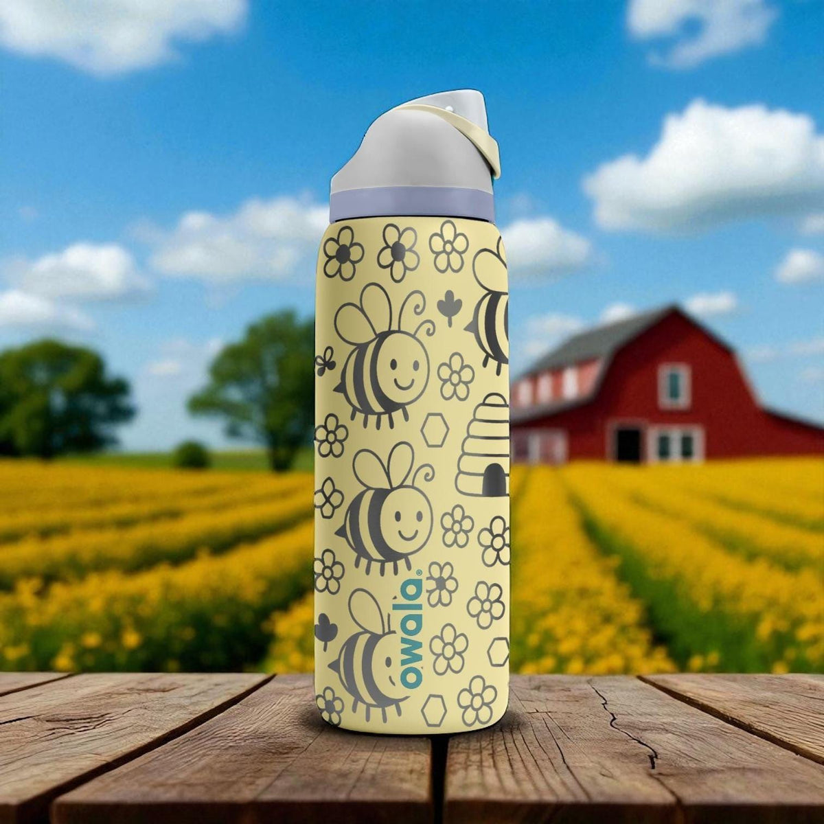 Cute Smiling Bee Owala Bottle – Engraved Yellow Honeybee and Hive Water Bottle – Adorable Gift for Kids and Bee Lovers 16oz 24oz 32oz 40oz