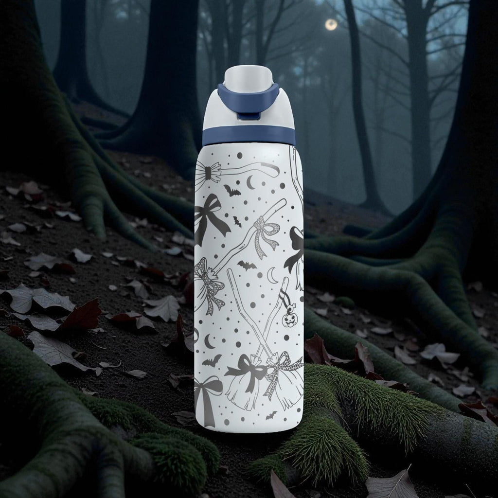 Engraved Witch Broom Owala Bottle – Magical Brooms & Bows Pattern – Halloween Witchy Stainless Cup 16oz 24oz 32oz 40oz  ⸻