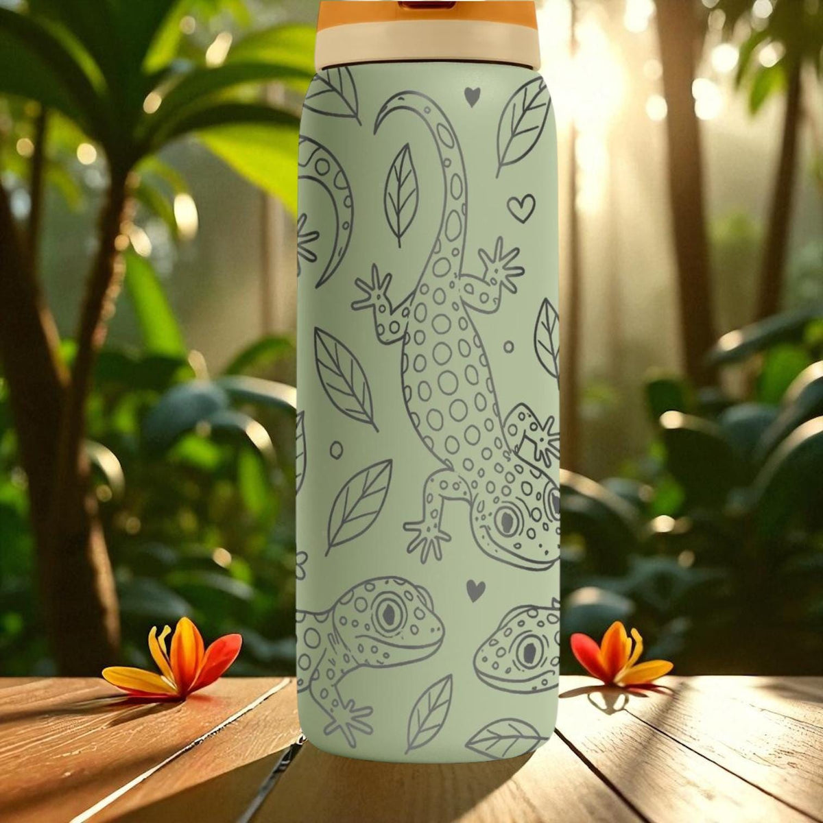 Engraved Gecko Water Bottle – Jungle Lizard Owala Tumbler with Leaves and Hearts – 16oz 24oz 32oz 40oz Reptile Gift for Her or Him