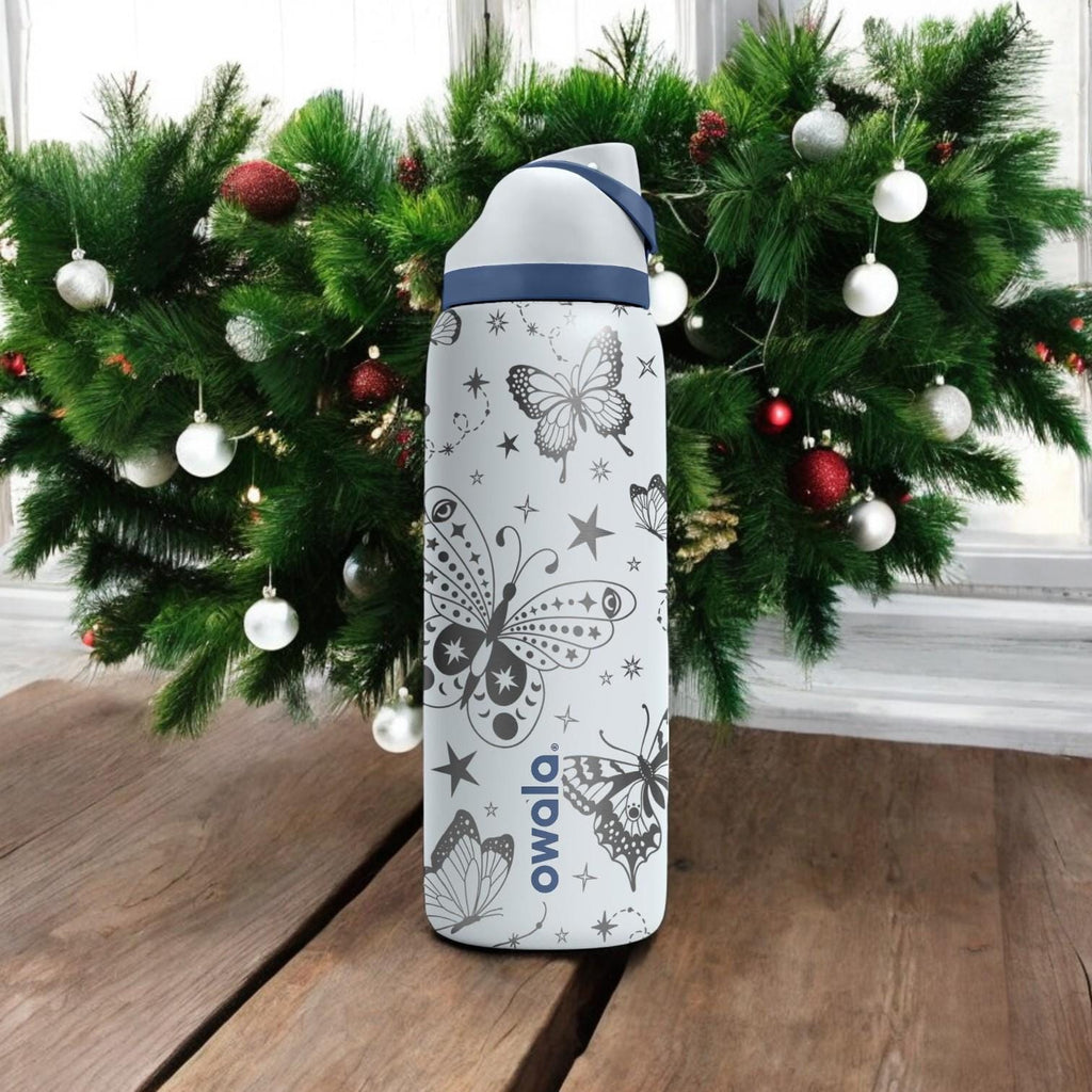 Butterflies Engraved Owala Bottle – Elegant Floral and Star Pattern – Magical Holiday Gift Stainless Cup 16oz 24oz 32oz 40oz