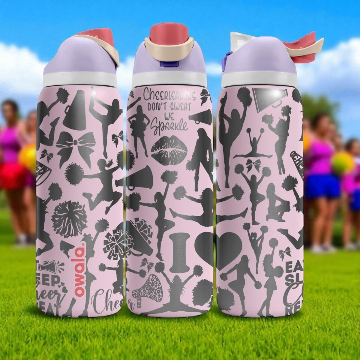Cheerleader Engraved Owala Bottle – 16oz 24oz 32oz 40oz Pink Pom Pom Tumbler – Cheer Team Personalized Gift