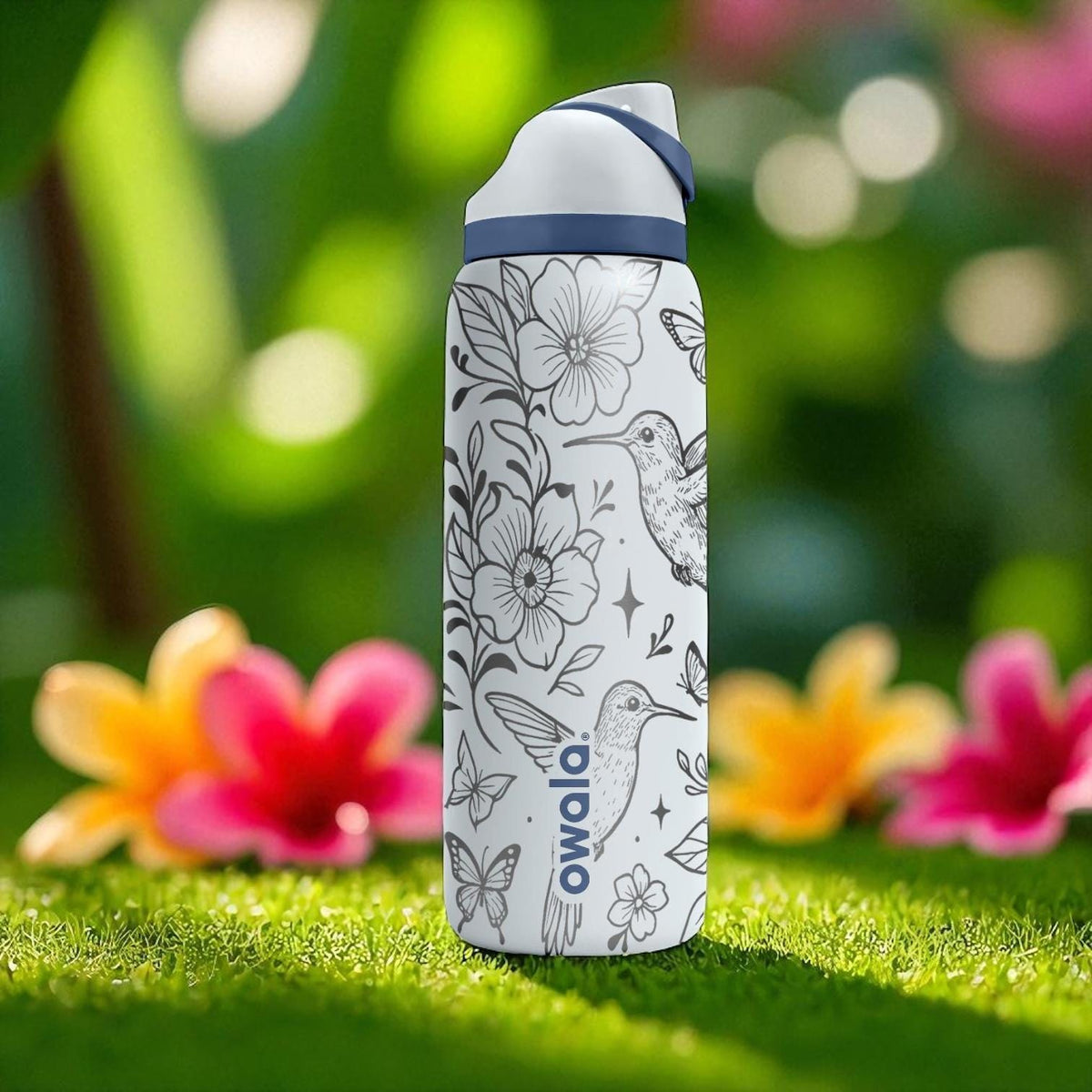 Engraved Hummingbird Owala Tumbler – Floral Water Bottle with Birds and Flowers – 16oz 24oz 32oz 40oz