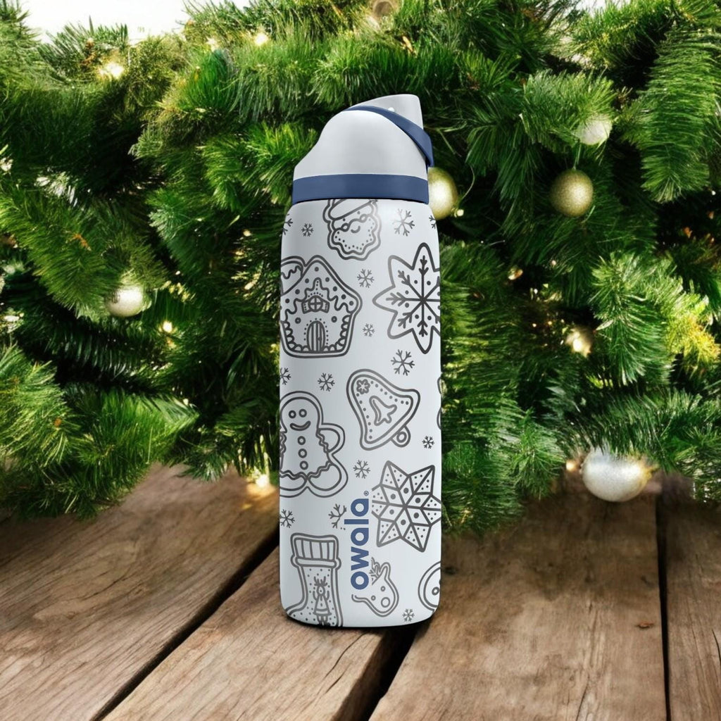 Gingerbread Engraved Owala Bottle – Cute Christmas Cookie Pattern – Holiday Gift Stainless Cup 16oz 24oz 32oz 40oz