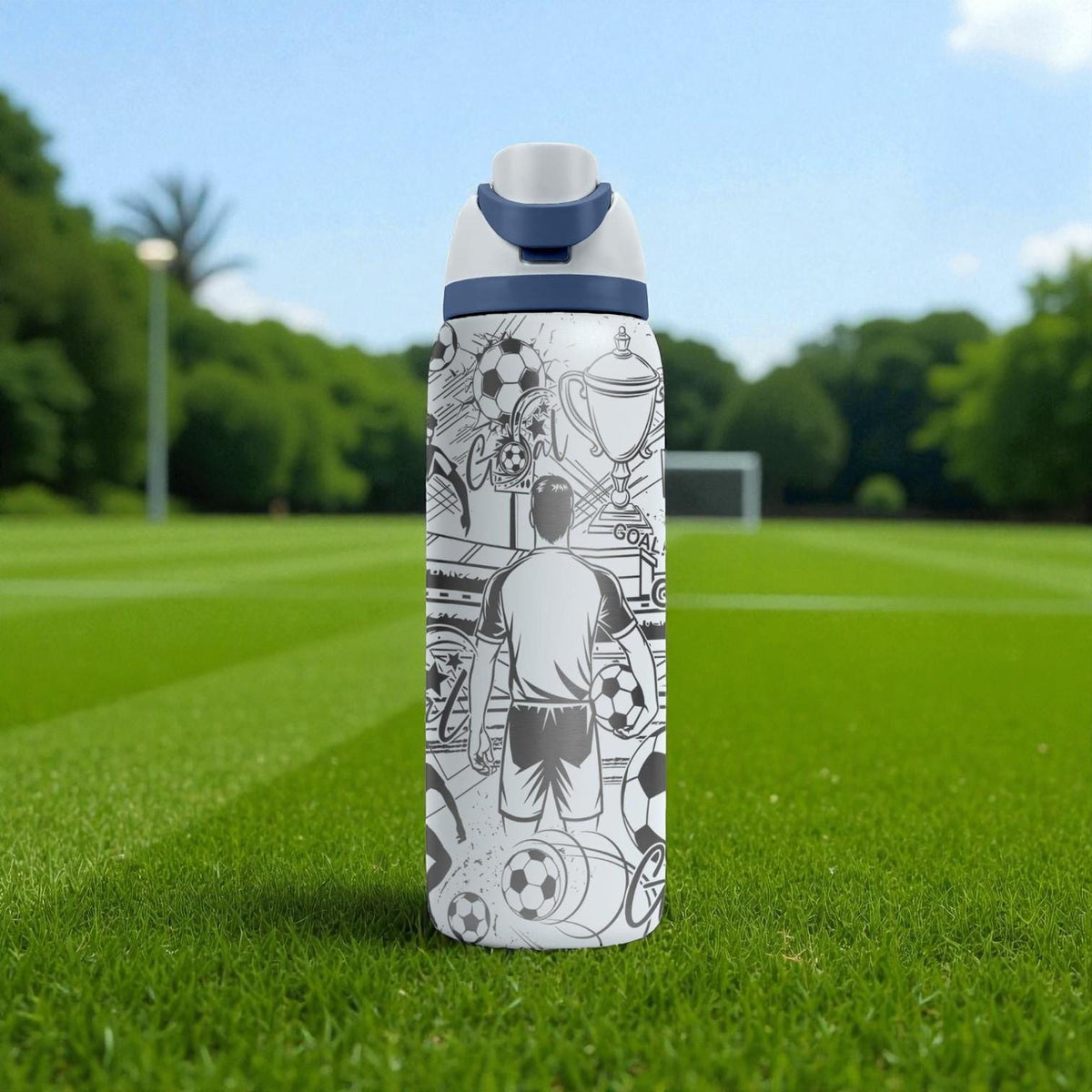 Soccer Action Engraved Owala Bottle – Player Silhouettes, Goal Net & Trophy Pattern – Sports Gift Stainless Cup 16oz 24oz 32oz 40oz  ⸻