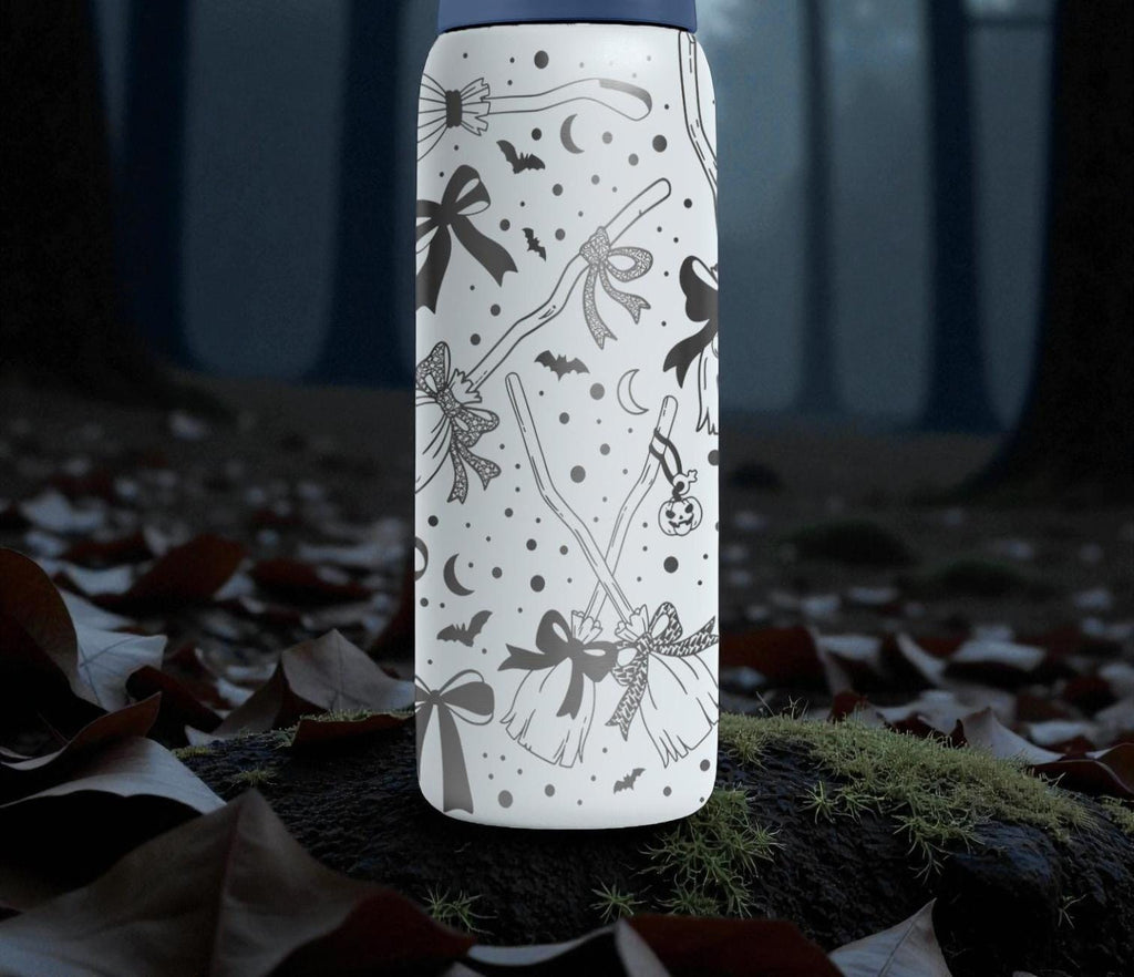 Engraved Witch Broom Owala Bottle – Magical Brooms & Bows Pattern – Halloween Witchy Stainless Cup 16oz 24oz 32oz 40oz  ⸻