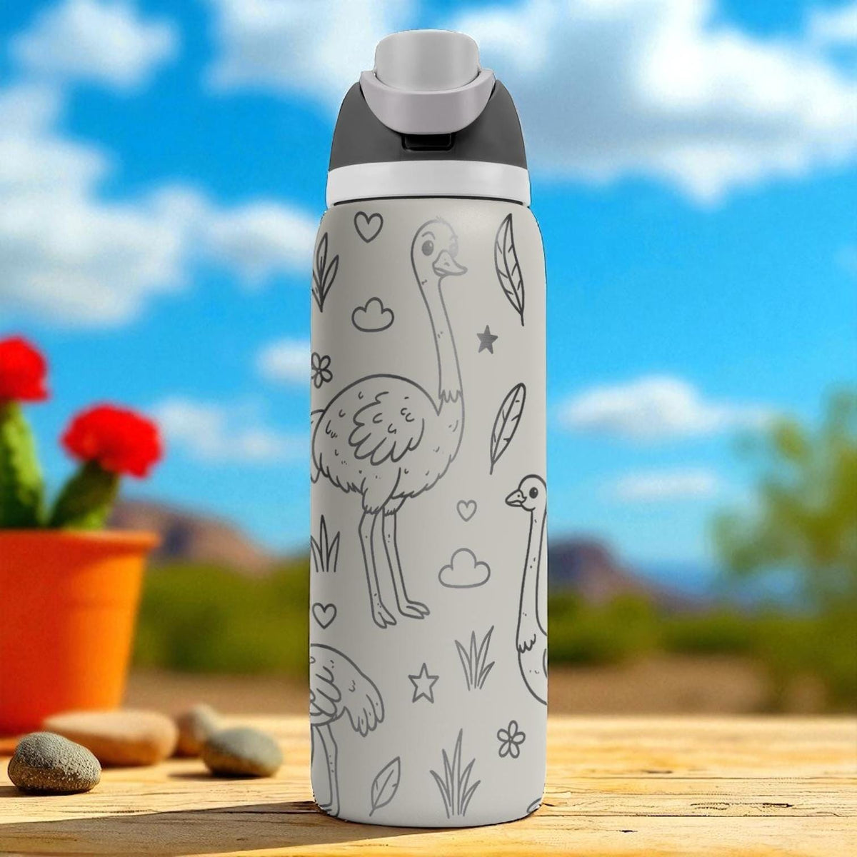 Engraved Ostrich Water Bottle – Fun Owala Tumbler with Stars and Feathers – 16oz 24oz 32oz 40oz Gift for Animal Lovers