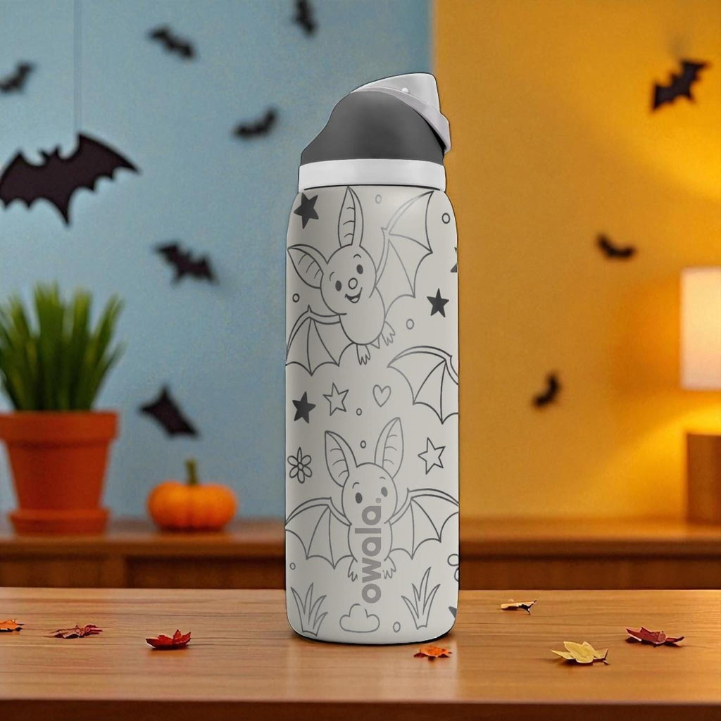 Engraved Bat Water Bottle – Cute Halloween Owala Tumbler with Stars and Flowers – 16oz 24oz 32oz 40oz Spooky Season Gift
