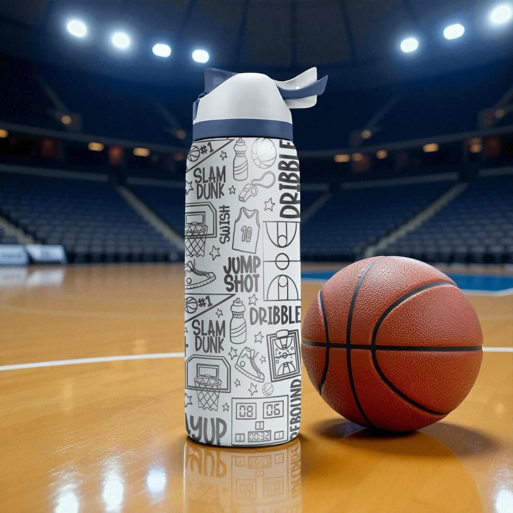 Basketball Engraved Owala Bottle – Dribble & Dunk Court Pattern – Sports Gift Stainless Cup 16oz 24oz 32oz 40oz  ⸻