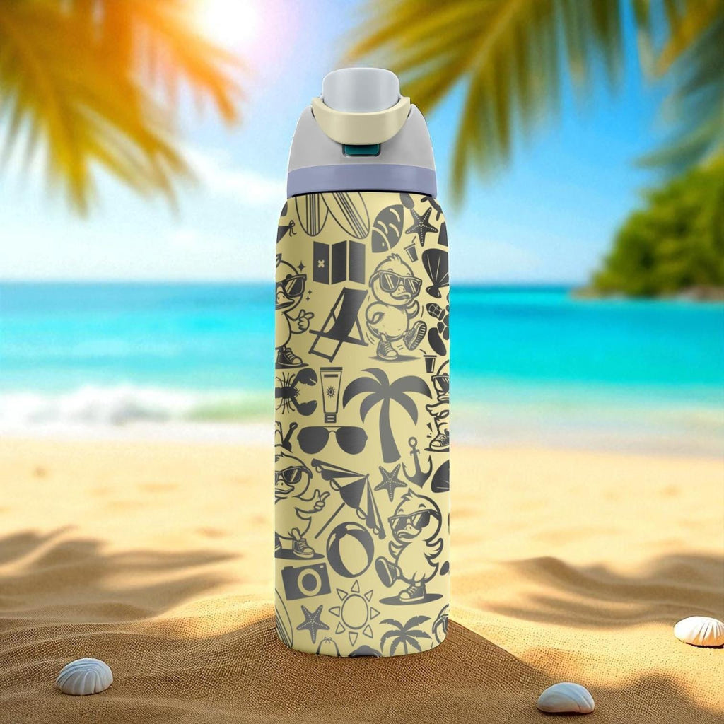 Engraved Duck Beach Tumbler – Summer Vibes Owala Bottle with Cute Duck Design – Fun Sand Color Cup – 16oz 24oz 32oz 40oz
