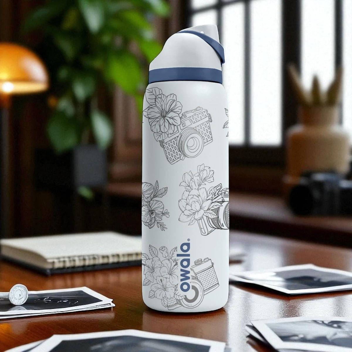 Floral Camera Engraved Owala Tumbler – 16oz 24oz 32oz 40oz FreeSip Cup with Vintage Photography Wrap – Gift for Photographers