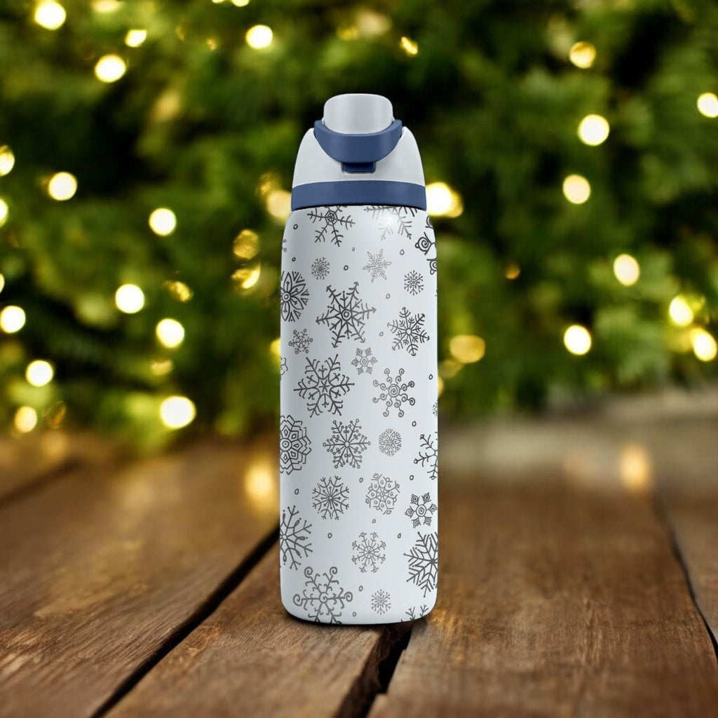 Minimal Snowflakes Engraved Owala Bottle – Winter Pattern Stainless Steel Cup – Elegant Christmas Gift 16oz 24oz 32oz 40oz