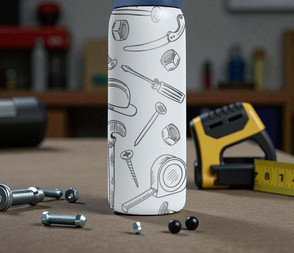 Handyman Tools Engraved Owala Bottle – Saw, Hammer, Drill, Screws & Hardware Pattern – Construction Gift Stainless Cup 16oz 24oz 32oz 40oz