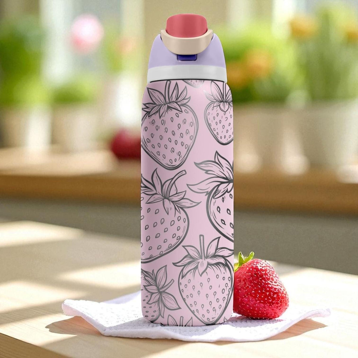 Big Strawberry Engraved Owala Tumbler – 16oz 24oz 32oz 40oz Cute Pink Fruit FreeSip Cup – Gift for Her or Teen