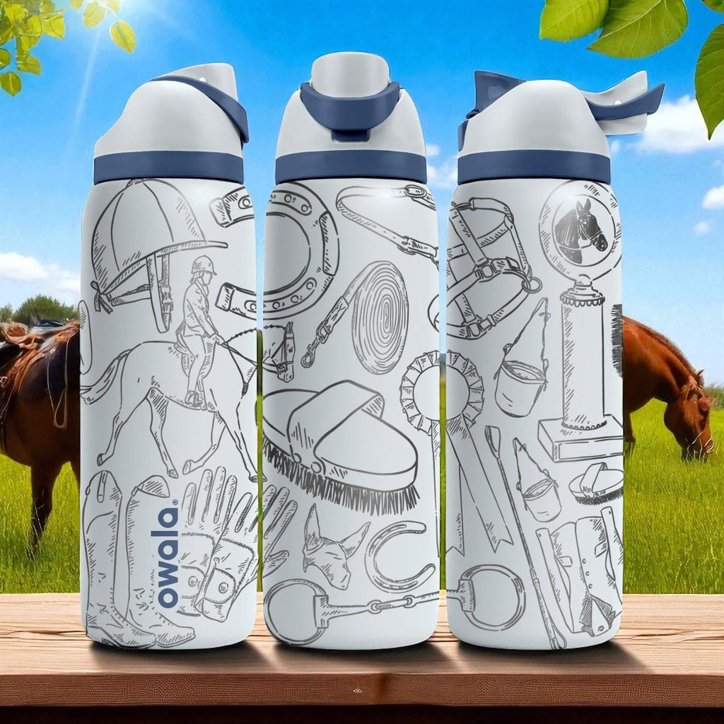 Engraved Horse Tumbler – Owala Water Bottle with Equestrian Design – Riding Gear Engraving – 16oz 24oz 32oz 40oz