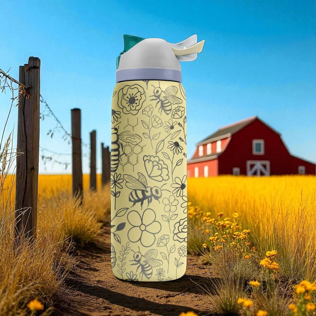Bee and Flower Owala Bottle – Engraved Yellow Nature-Inspired Water Bottle – Honeycomb Floral Design 16oz 24oz 32oz 40oz