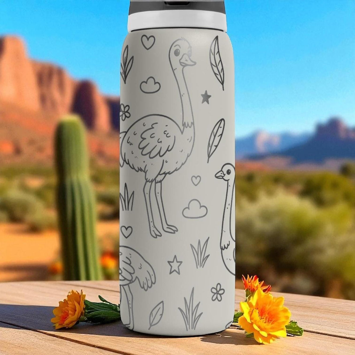 Engraved Ostrich Water Bottle – Fun Owala Tumbler with Stars and Feathers – 16oz 24oz 32oz 40oz Gift for Animal Lovers
