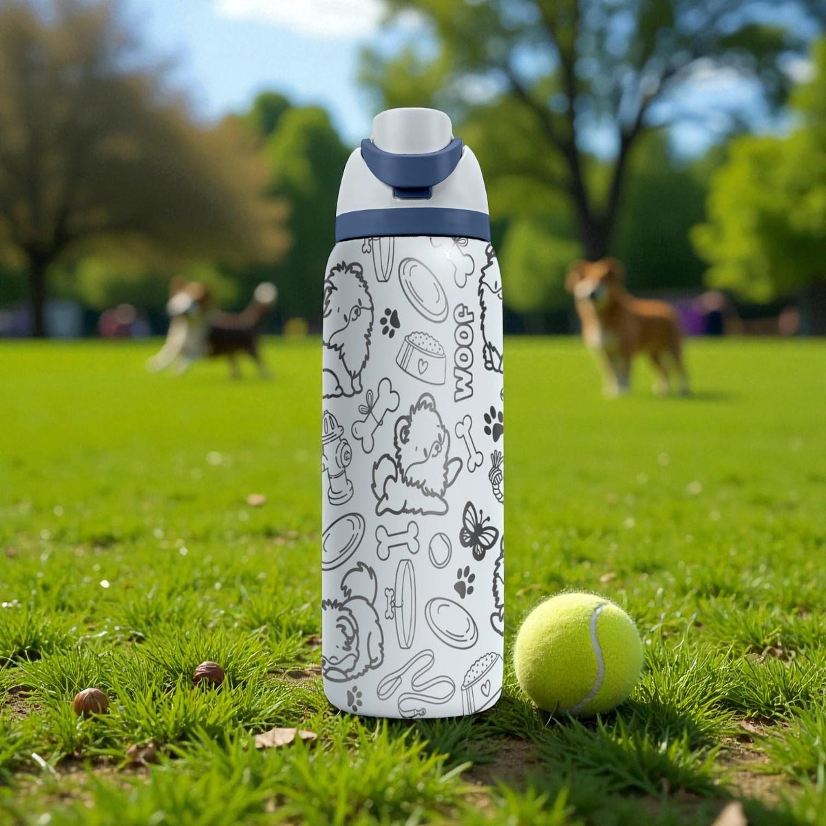 Shih Tzu Engraved Owala Bottle – Fluffy Dog Pattern with Paws, Bones & Toys – Pet Lover Gift Stainless Cup 16oz 24oz 32oz 40oz  ⸻
