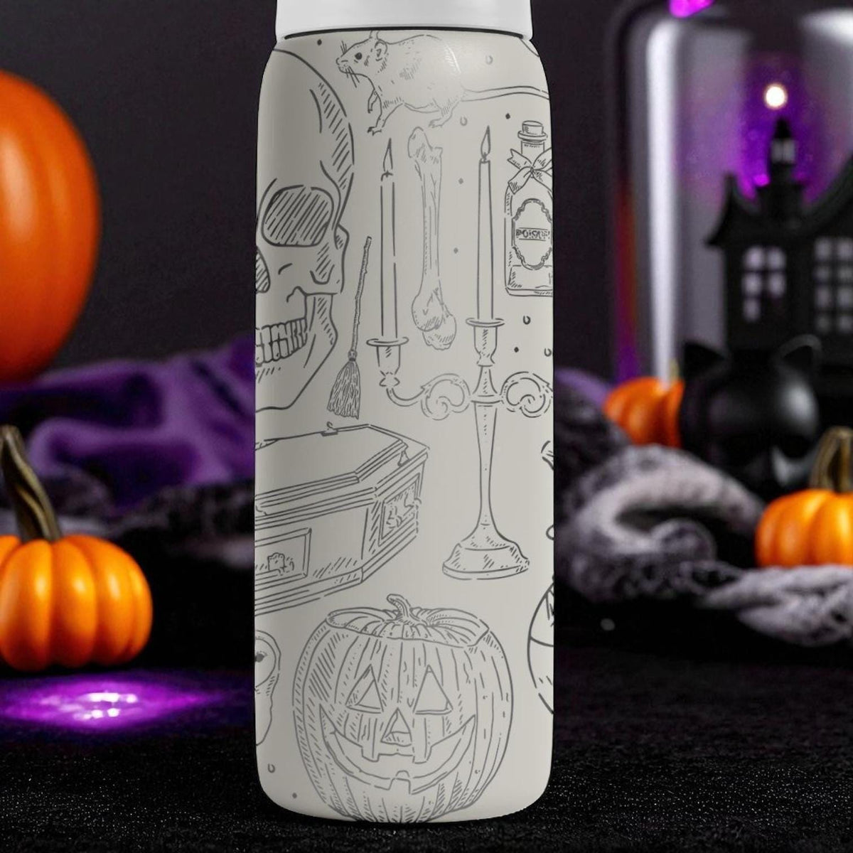 Engraved Halloween Tumbler – Owala Bottle with Spooky Skull and Pumpkin Design – Laser Engraved – 40oz 32oz 24oz 16oz