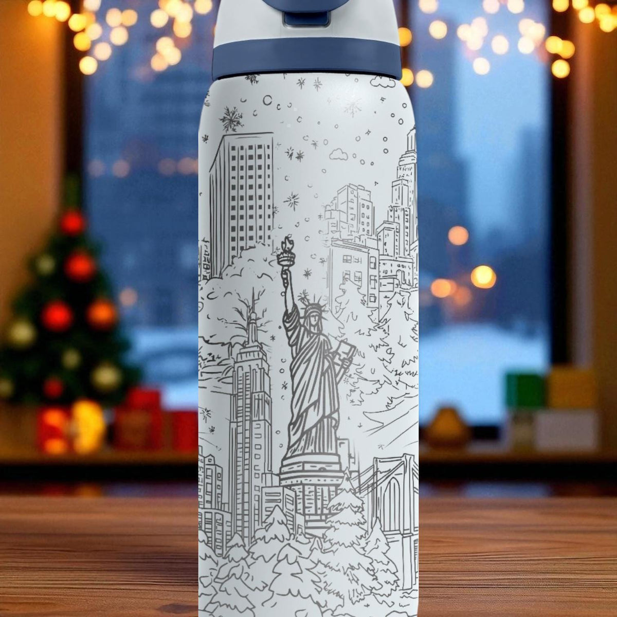 NYC Christmas Engraved Owala Tumbler – 16oz 24oz 32oz 40oz Holiday FreeSip Cup – Statue of Liberty Winter Gift