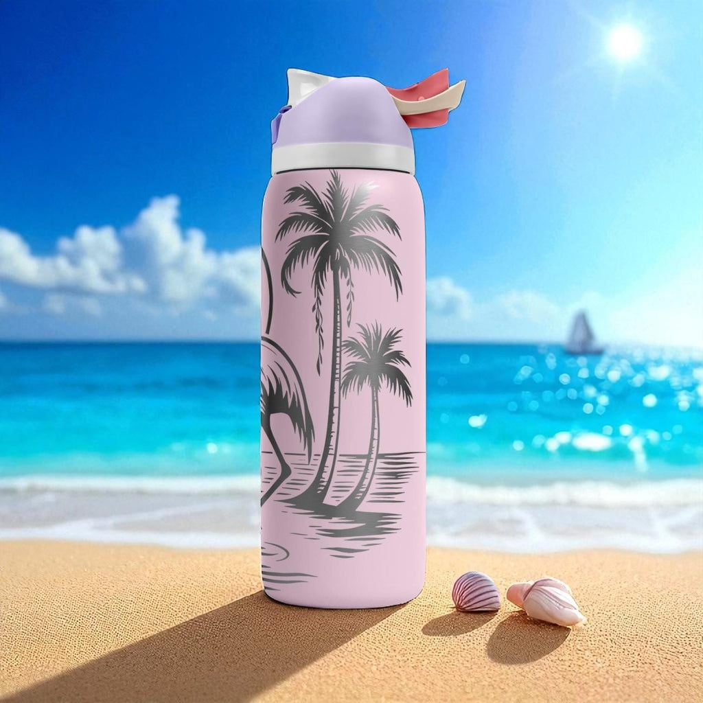 Engraved Flamingo Beach Owala Bottle – Tropical Sunset Palm Tree Tumbler – 16oz 24oz 32oz 40oz Summer Gift
