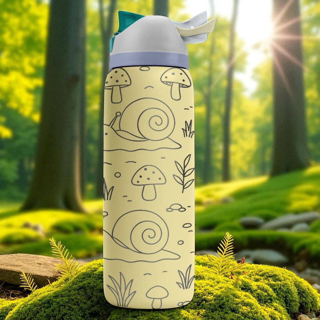 Engraved Snail Owala Bottle – Cute Nature Forest Tumbler with Mushrooms and Plants – 16oz 24oz 32oz 40oz