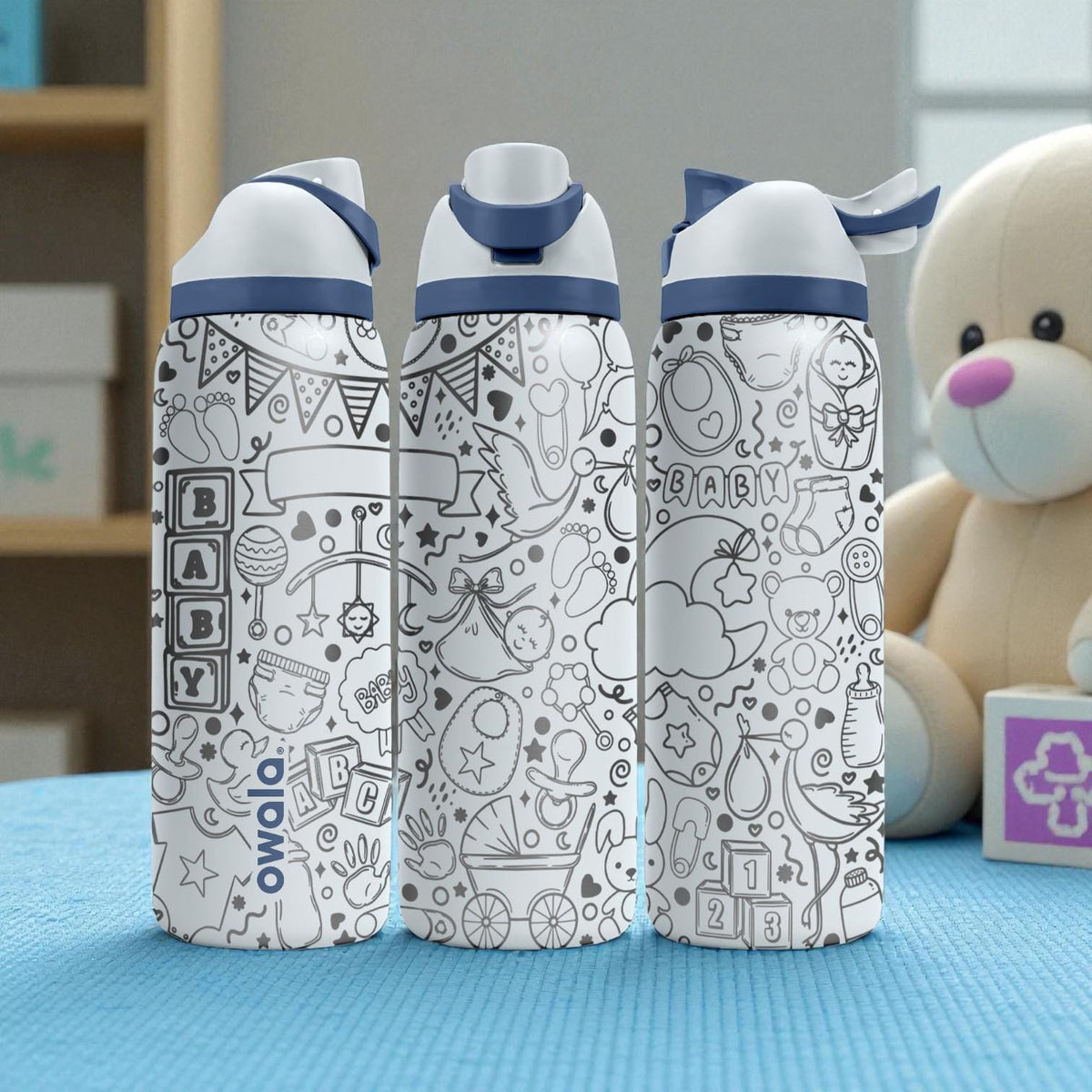 Baby Shower Engraved Owala Bottle – Cute Baby Icons & Nursery Pattern – New Mom Gift Stainless Cup 16oz 24oz 32oz 40oz  ⸻
