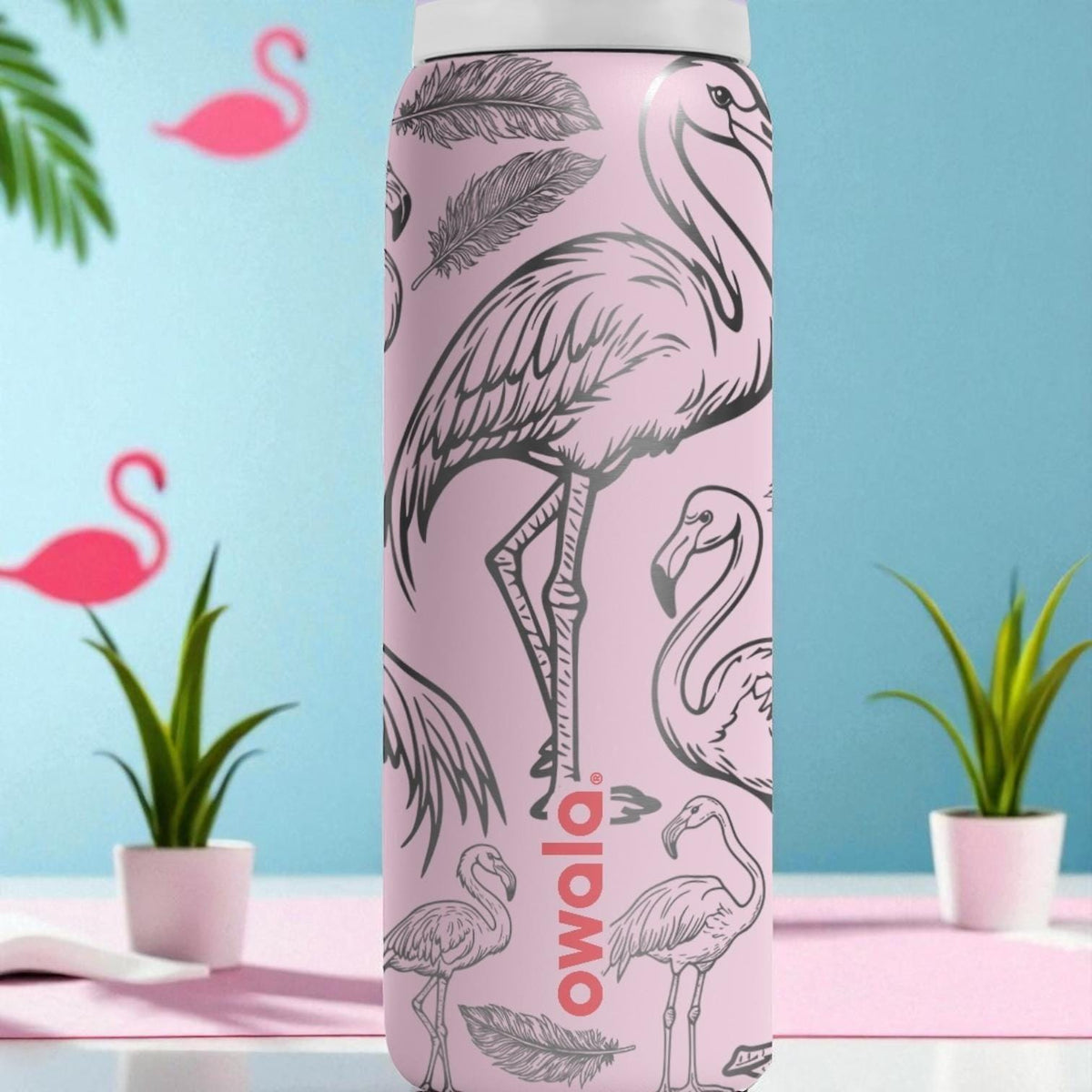 Flamingo Engraved Owala Tumbler – 16oz 24oz 32oz 40oz Tropical FreeSip Cup with Feathers – Summer Gift for Her