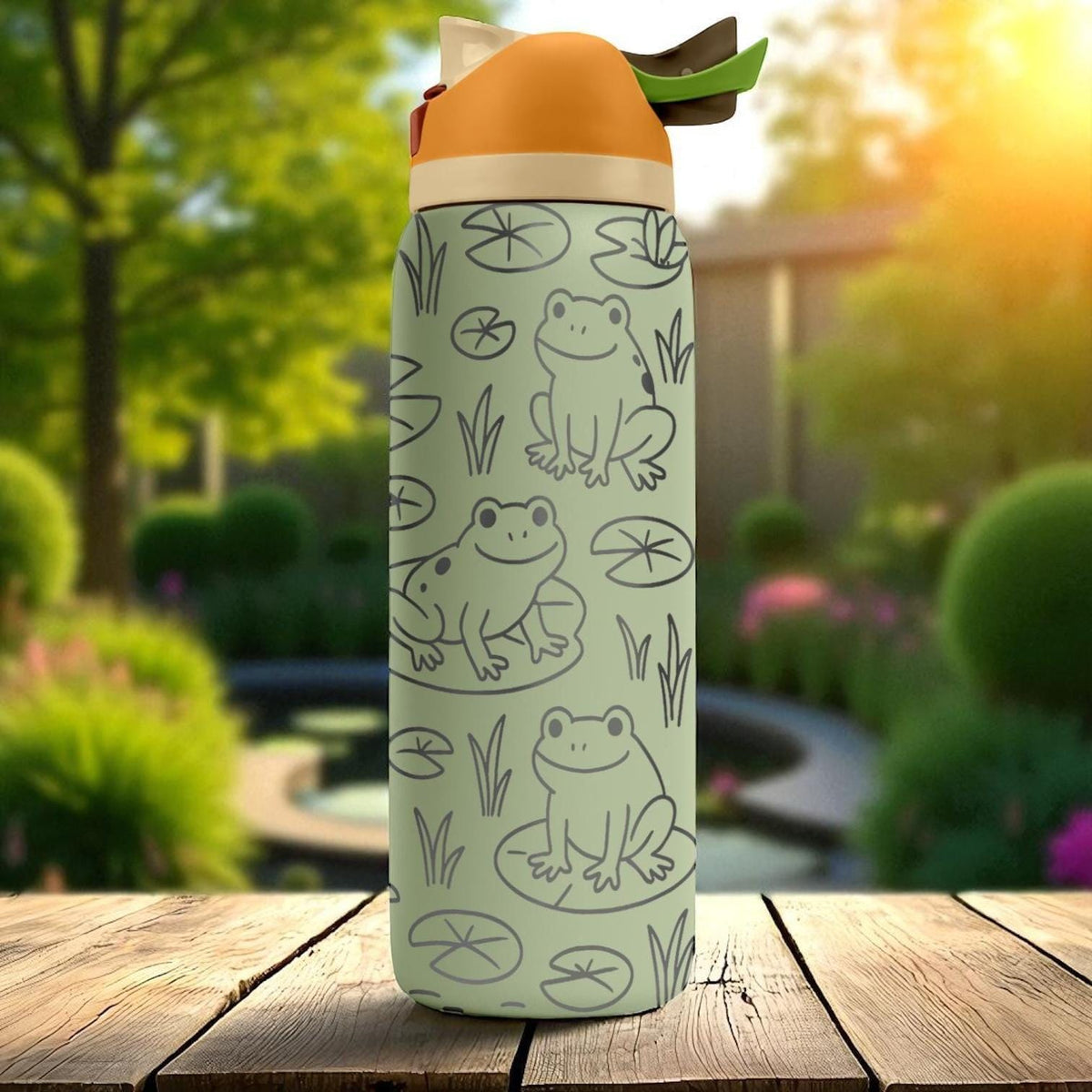 Engraved Frog Owala Tumbler – Cute Frogs on Lily Pads Water Bottle – Nature Lover Gift – 16oz 24oz 32oz 40oz