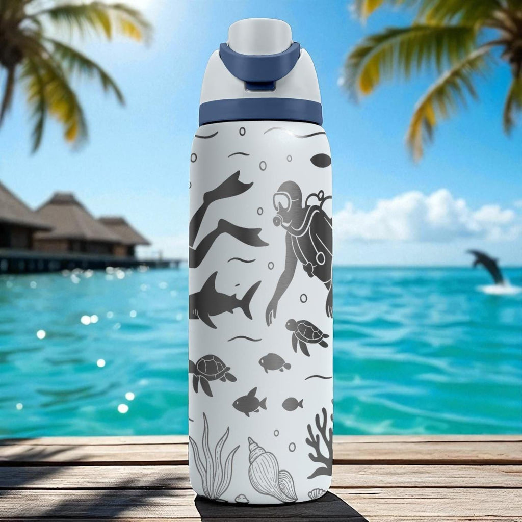 Engraved Diver Ocean Bottle – Underwater Sea Life Owala Tumbler – 16oz 24oz 32oz 40oz Gift for Swimmers and Ocean Lovers