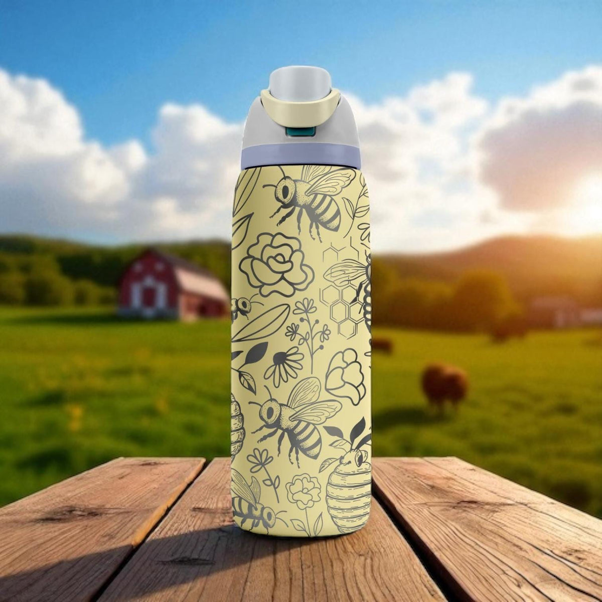Bee and Flower Owala Bottle – Engraved Yellow Nature-Inspired Water Bottle – Honeycomb Floral Design 16oz 24oz 32oz 40oz