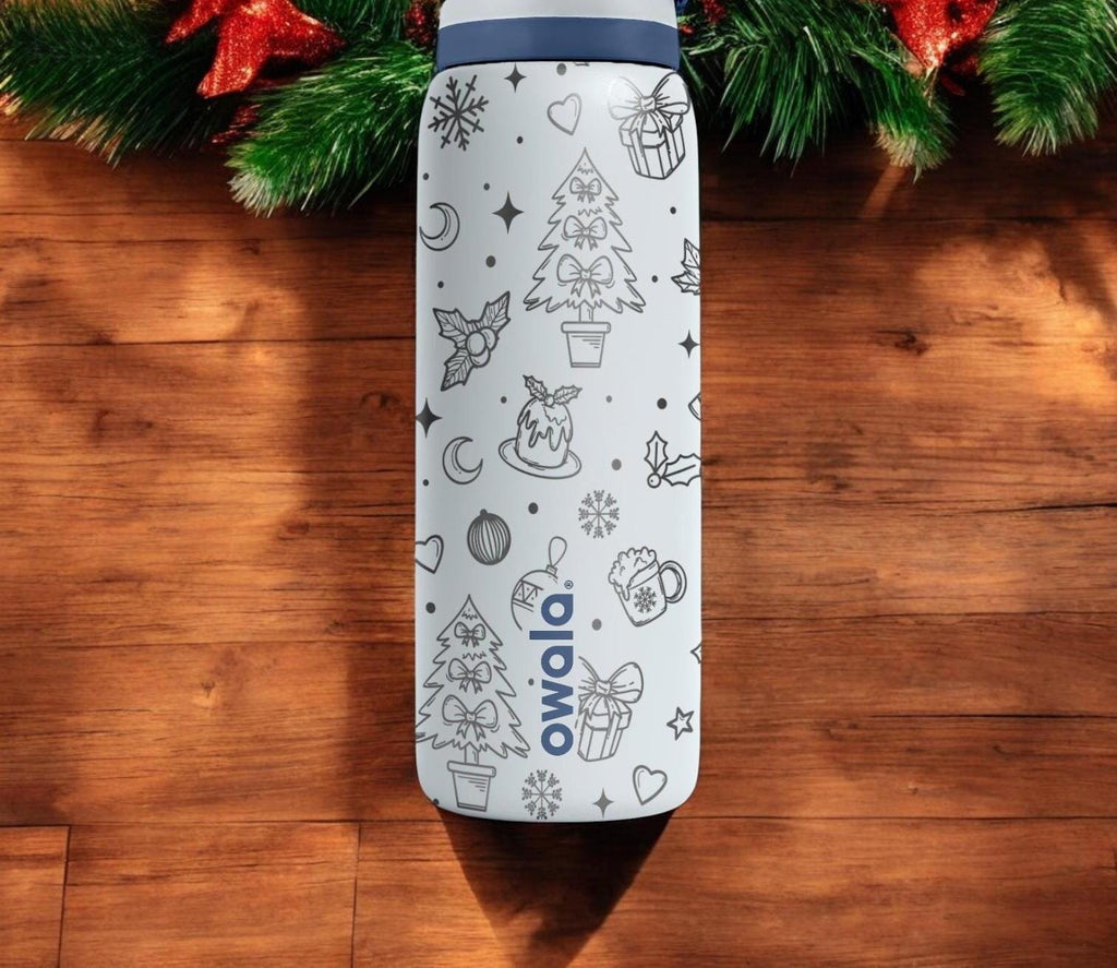 Christmas Tree Engraved Owala Bottle – Cozy Holiday Pattern with Gifts and Snowflakes – Winter Gift Stainless Cup 16oz 24oz 32oz 40oz